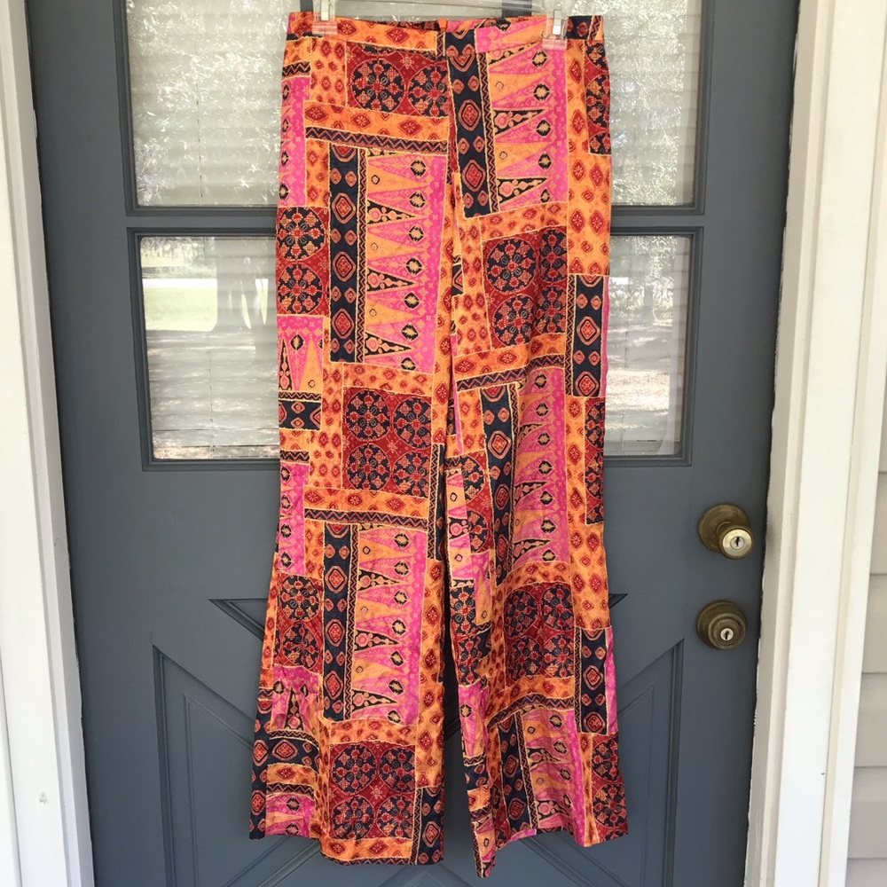 Vintage Bisou Bisou Groovy Vibrant Print Pink Orange Multi Satin Pants Size 6